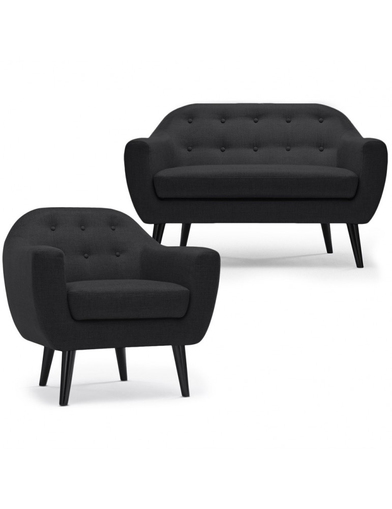 Ensemble canapé et fauteuil 2+1 places scandinave Fidelio Tissu Noir hy804112noir