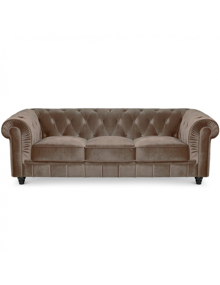Canape 3 places Chesterfield Velours Taupe A605V3-Taupe