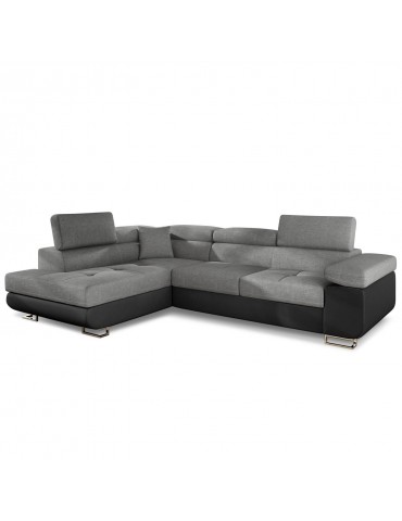 Canapé d'angle convertible Antoni avec têtières relevables Simili Noir et Tissu Gris foncé angsoft11sawana05