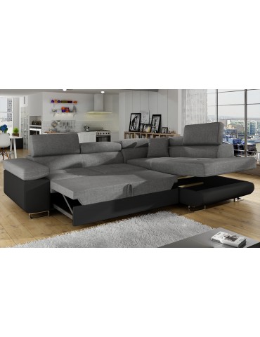 Canapé d'angle convertible Antoni avec têtières relevables Simili Noir et Tissu Gris foncé andsoft11sawana05