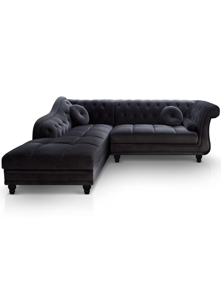 Canapé d'angle Brittish Velours Noir style Chesterfield a968vdnoir