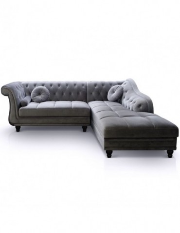 Canapé d'angle Brittish Velours Argent style Chesterfield a968vgargent