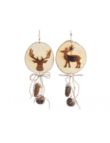 Set de 2 suspensions en bois animaux assortis et cloche en fer 44x20x6cm BRUT DEO3705129