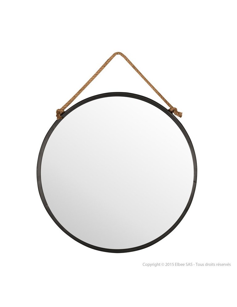 Miroir mural rond en métal noir suspendu par une corde D.70cm TALI DMI2971008