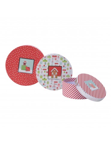 Boite cadeau rond en papier motifs assortis rouge/blanc (Lot de 3) DEO4063341Decoris