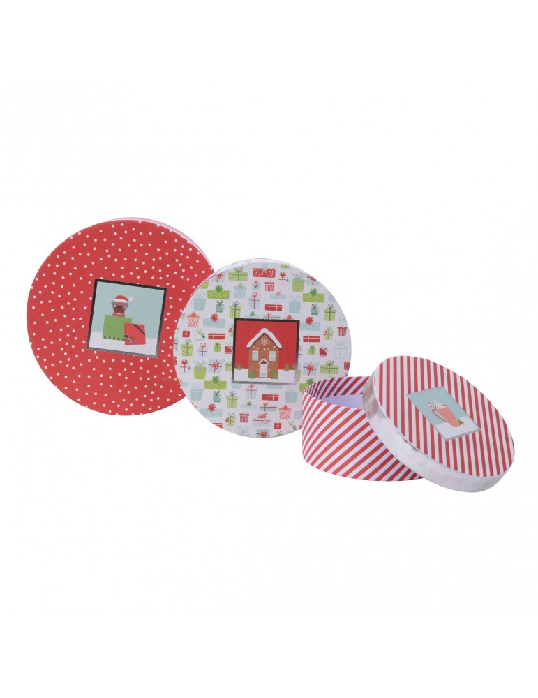 Boite cadeau rond en papier motifs assortis rouge/blanc (Lot de 3) DEO4063341Decoris