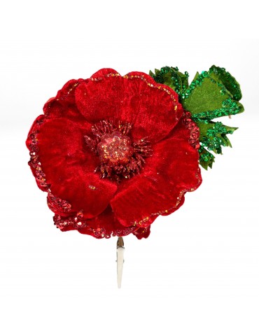 Fleur décorative en velours et paillettes rouge DEO4063466Decoris