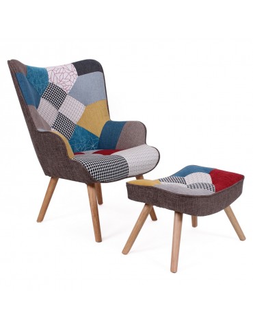 Fauteuil scandinave + pouf Lylou Tissu Patchwork qh8901patchwork