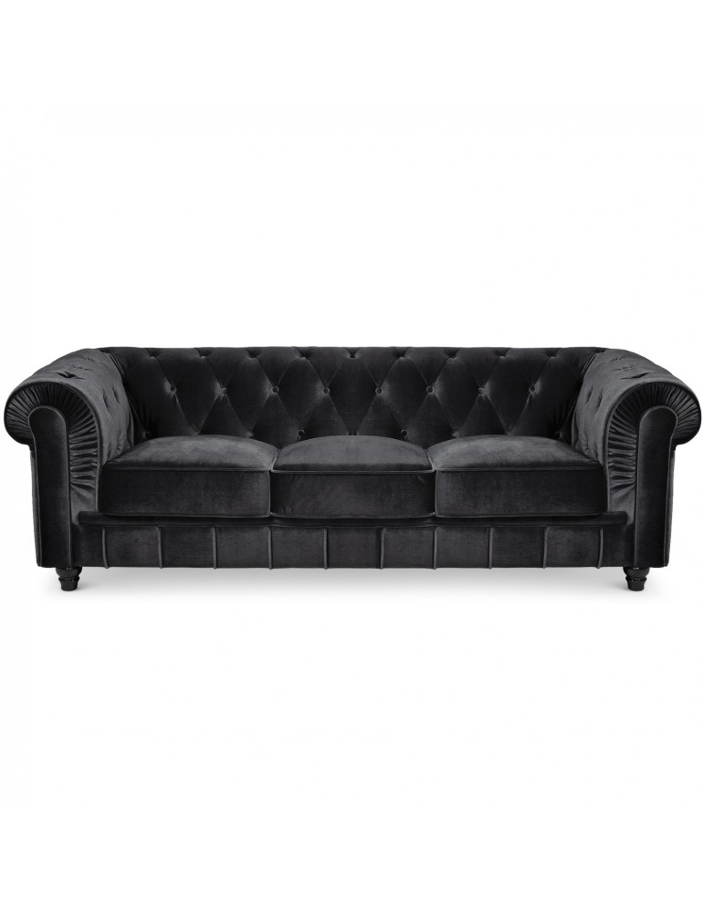 Canape 3 places Chesterfield Velours Noir A605-V-3-Noir