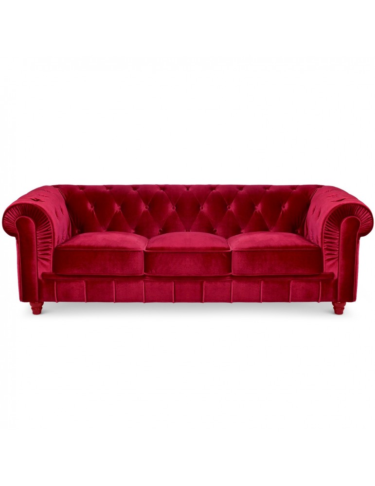 Canape 3 places Chesterfield Velours Rouge A605-V-3-Rouge