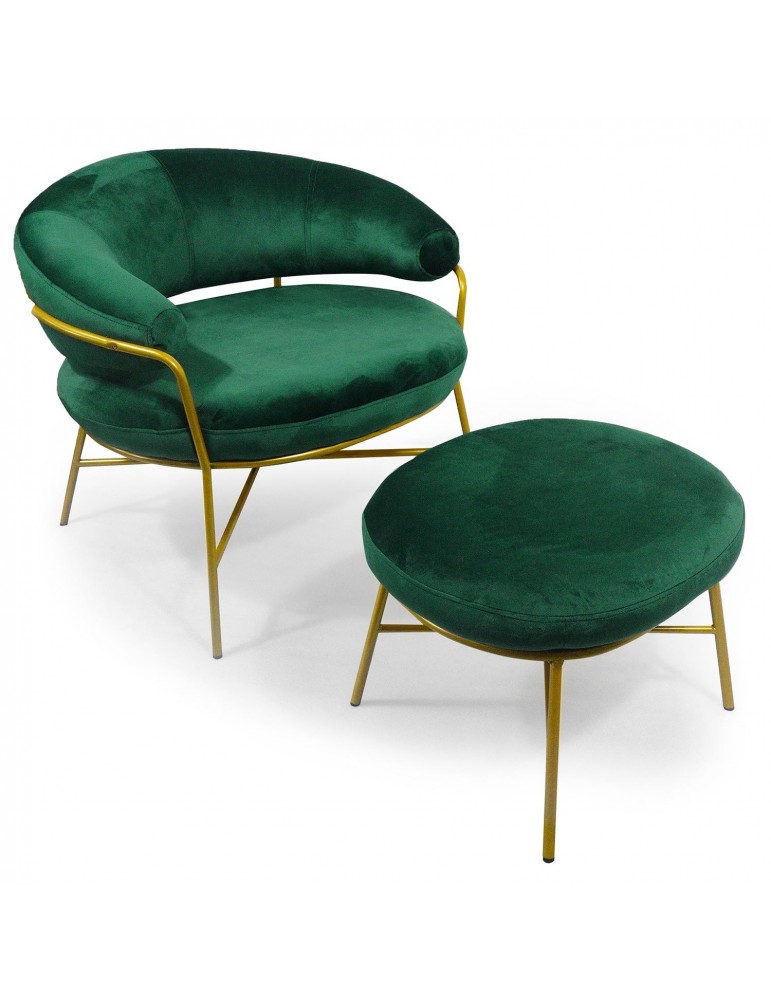 Fauteuil + pouf Nanty Velours Vert Pieds Or lsr19252greenvelvet