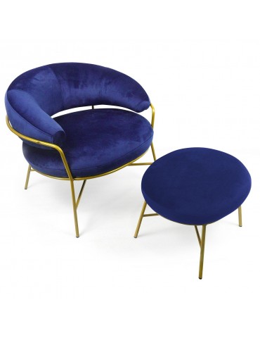 Fauteuil + pouf Nanty Velours Bleu Pieds Or lsr19252bluevelvet