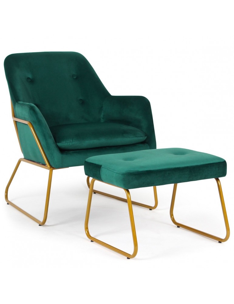 Fauteuil + pouf Eloi Velours Vert 8925sgreenvelvet