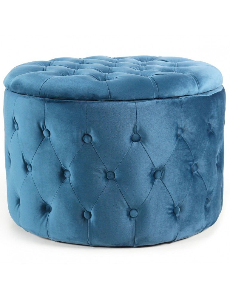 Pouf coffre rond Salvina en velours capitonné Bleu lf0170hlr68blue