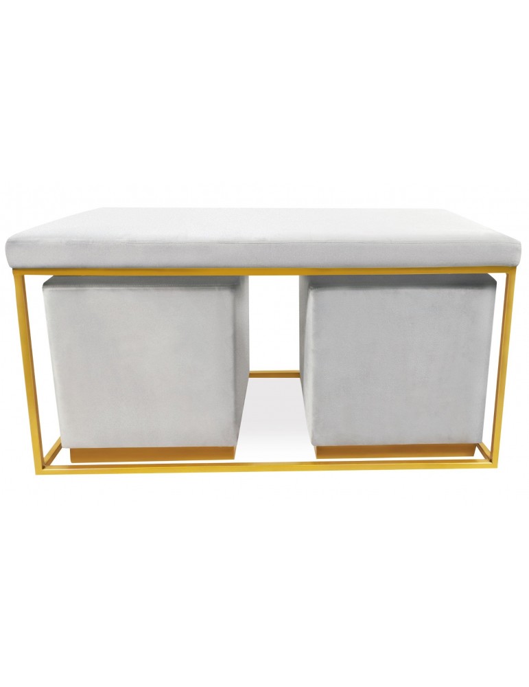 Banquette Justine + 2 poufs Velours Argent lsr20010silver61