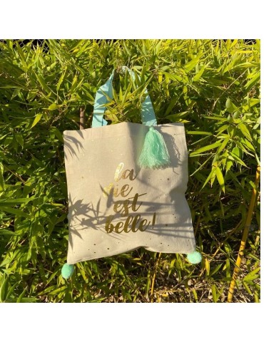 Tote bag pompons vert "La vie est belle" 37 x 37,5cm TOTC12L02Kiub
