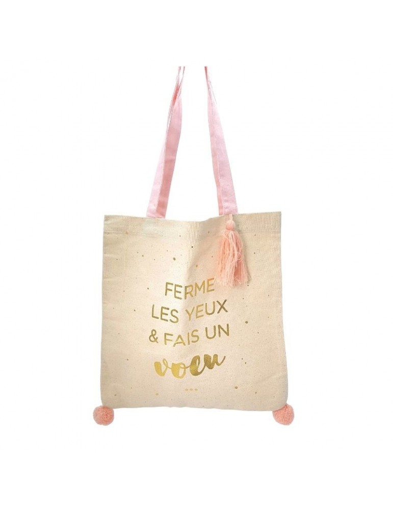 Tote bag pompons rose "Ferme les yeux et fais un voeu" 37 x 37,5cm TOTC12L03Kiub