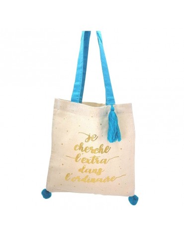 Tote bag pompons bleu "Je cherche l'extra dans l'ordinaire" 37 x 37,5cm TOTC12L01Kiub