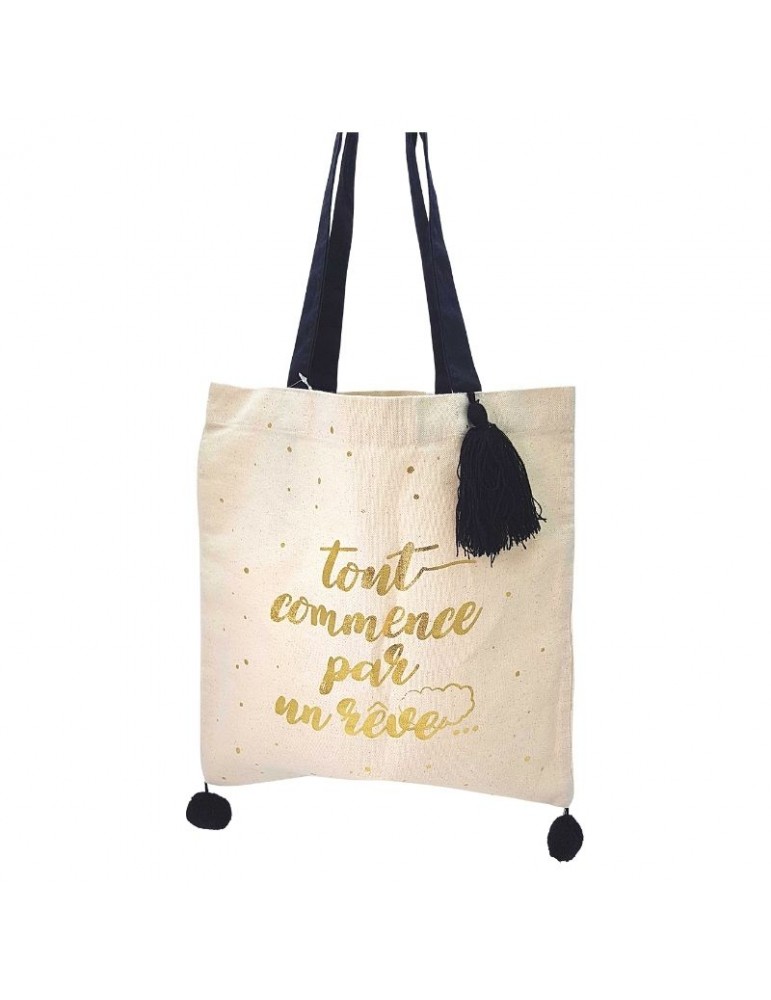 Tote bag pompons noir "Tout commence par un rêve" 37 x 37,5cm TOTC12L05Kiub