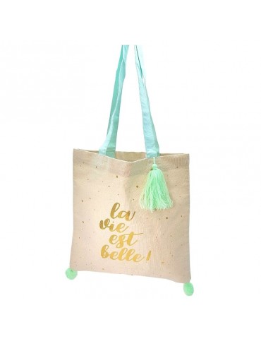 Tote bag pompons vert "La vie est belle" 37 x 37,5cm TOTC12L02Kiub