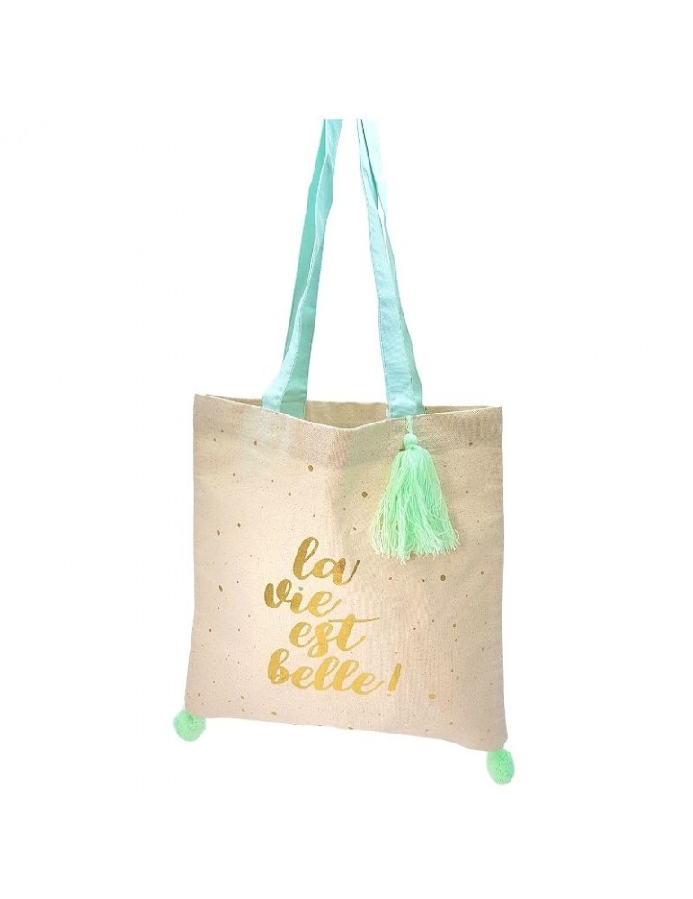 Tote bag pompons vert "La vie est belle" 37 x 37,5cm TOTC12L02Kiub