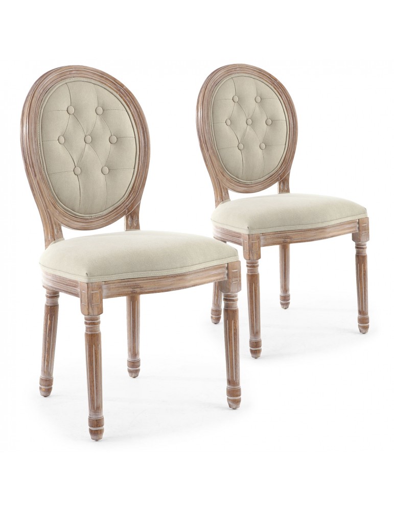 Lot de 2 chaises de style médaillon Louis XVI Bois patiné & tissu capitonné beige 2601ksf25002wb