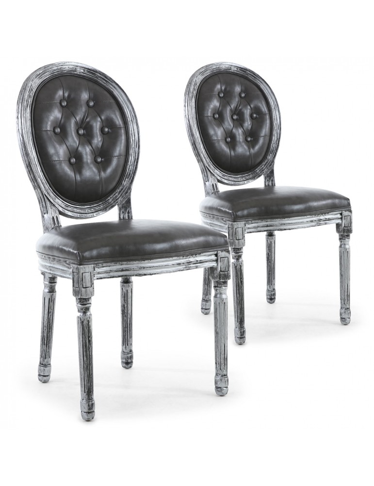 Lot de 2 chaises de style médaillon Louis XVI capitonné Bois noir patiné argent & simili gris 2605ksp25011wb