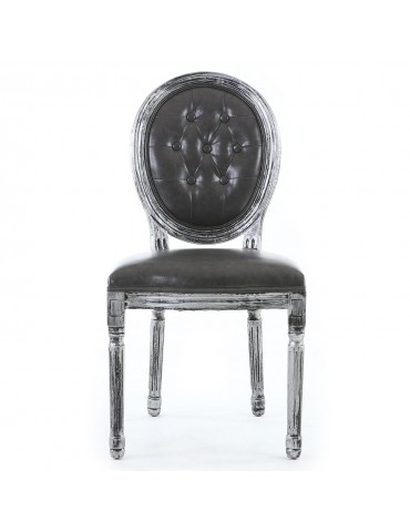 Lot de 2 chaises de style médaillon Louis XVI capitonné Bois noir patiné argent & simili gris 2605ksp25011wb