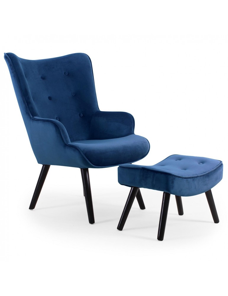 Fauteuil scandinave + pouf Lylou Velours Bleu 8901vhlr64blue