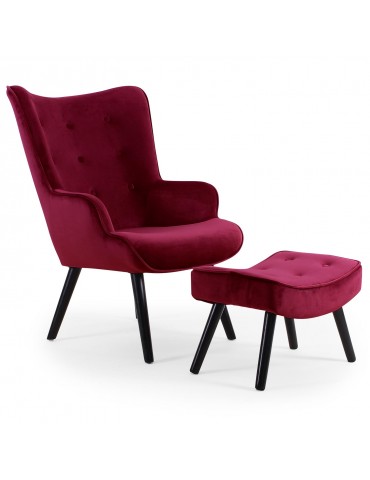 Fauteuil scandinave + pouf Lylou Velours Bordeaux 8901vhlr38red