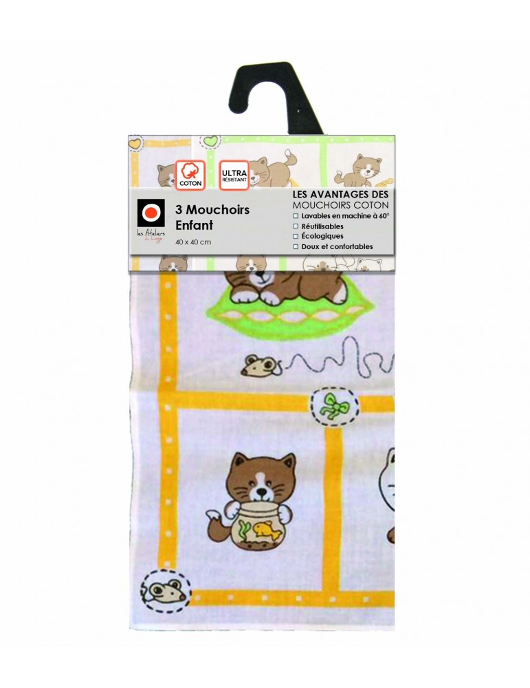 3 mouchoirs Piwi Assortis 25 x 25 3456090603Les Ateliers du Linge 3 mouchoirs Piwi Assortis 25 x 25 3456090603Les Ateliers du Linge